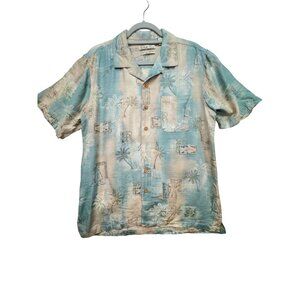 Batick Bay Mens Button Up Hawaiian Shirt Blue TieDye Silk Palm Tree Short Sleeve